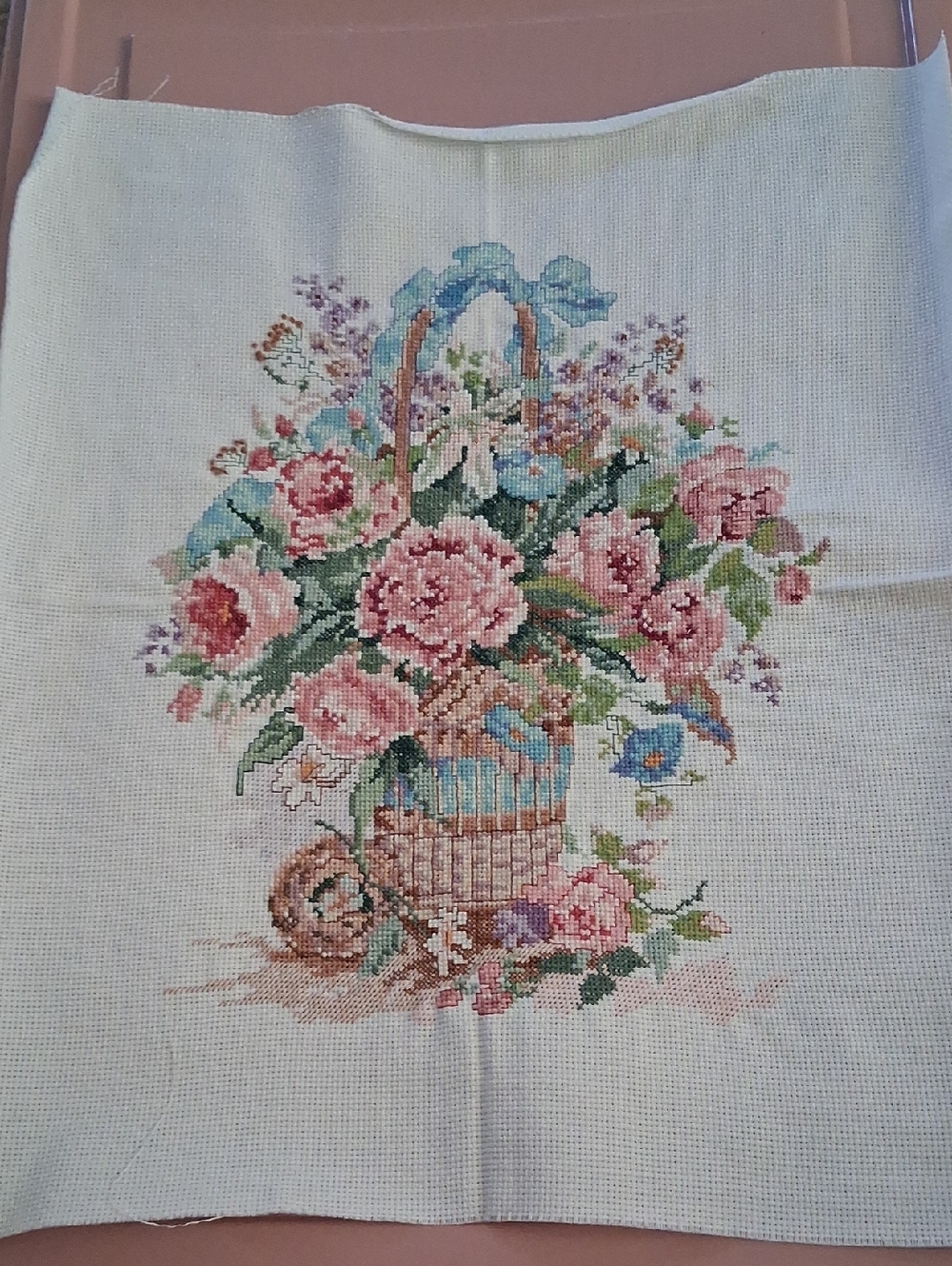 Hand-Embroidered Floral Basket Cross Stitch - Pink Bouquet